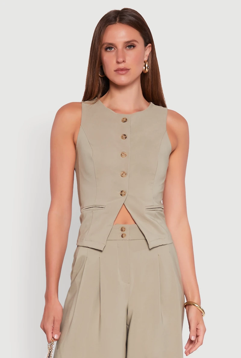 Womens Solid Crepe Knit Button Front Blazer Vest, Green, Size L