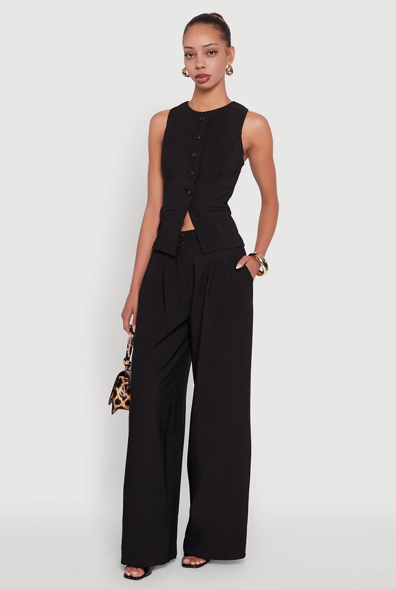 Solid Crepe Knit Pleated Detail Wide Leg Trousers