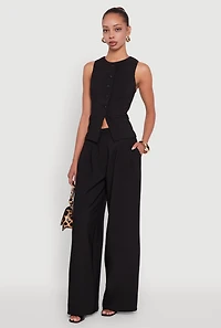Solid Crepe Knit Pleated Detail Wide Leg Trousers