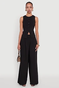 Womens Solid Crepe Knit Pleated Detail Wide Leg Trousers, Black, Size M