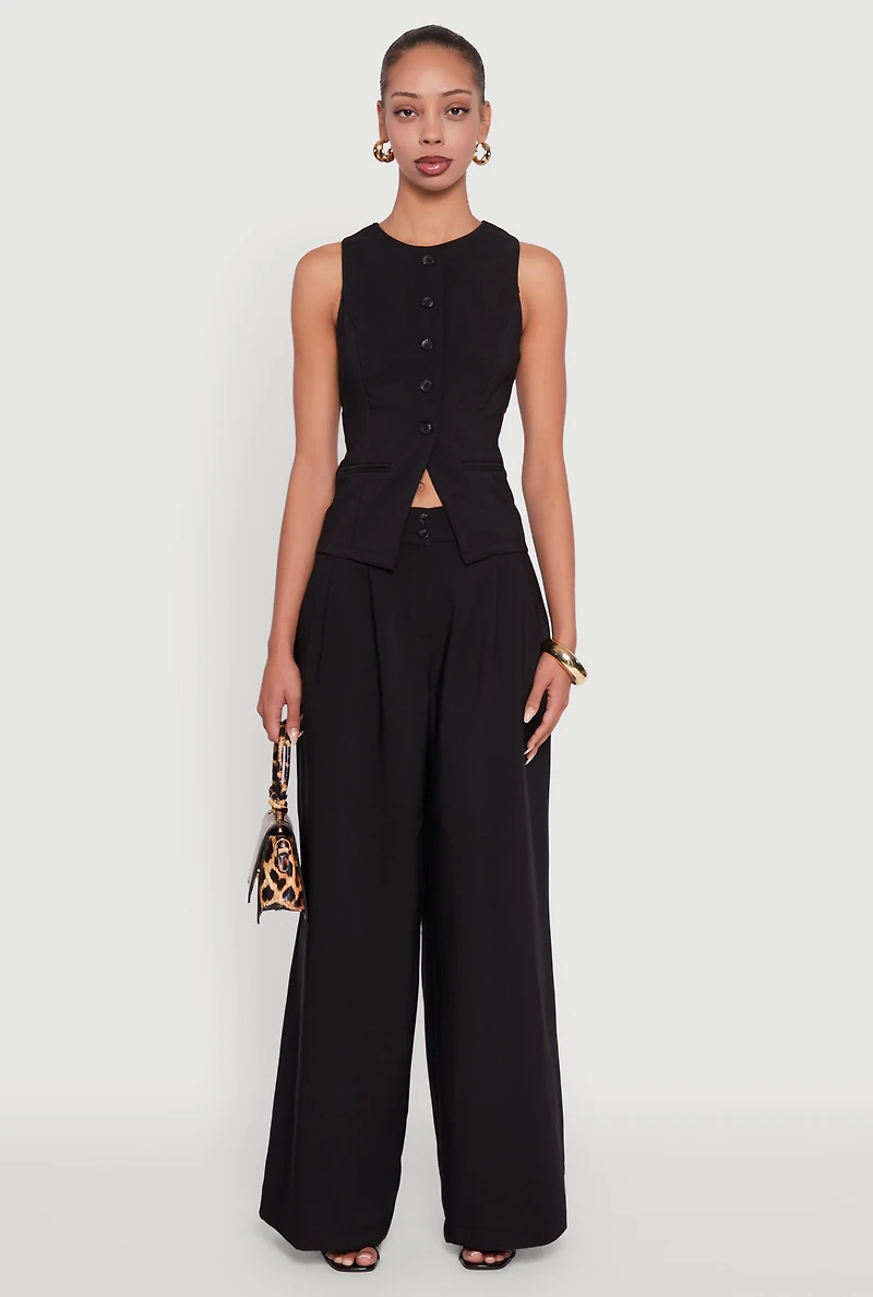 Womens Solid Crepe Knit Pleated Detail Wide Leg Trousers, Black, Size S
