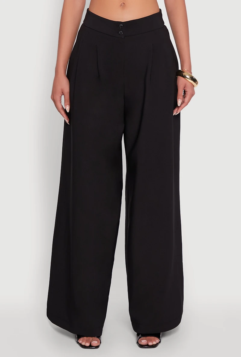 Womens Solid Crepe Knit Pleated Detail Wide Leg Trousers, Black, Size S