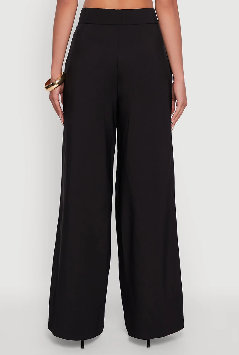 Womens Solid Crepe Knit Pleated Detail Wide Leg Trousers, Black, Size S