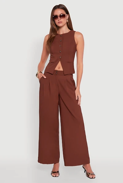 Womens Solid Crepe Knit Pleated Detail Wide Leg Trousers,