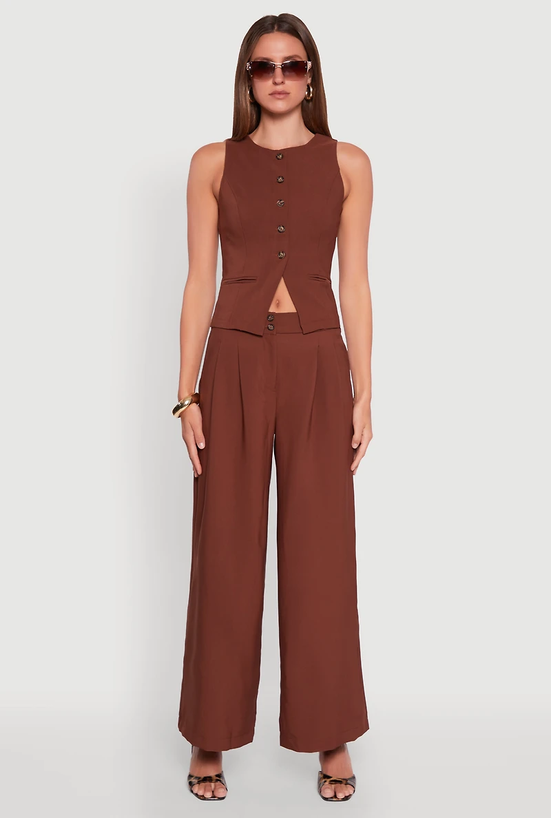 Solid Crepe Knit Pleated Detail Wide Leg Trousers
