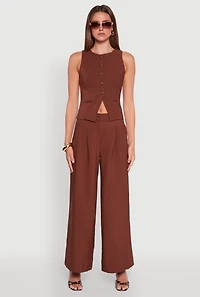 Solid Crepe Knit Pleated Detail Wide Leg Trousers
