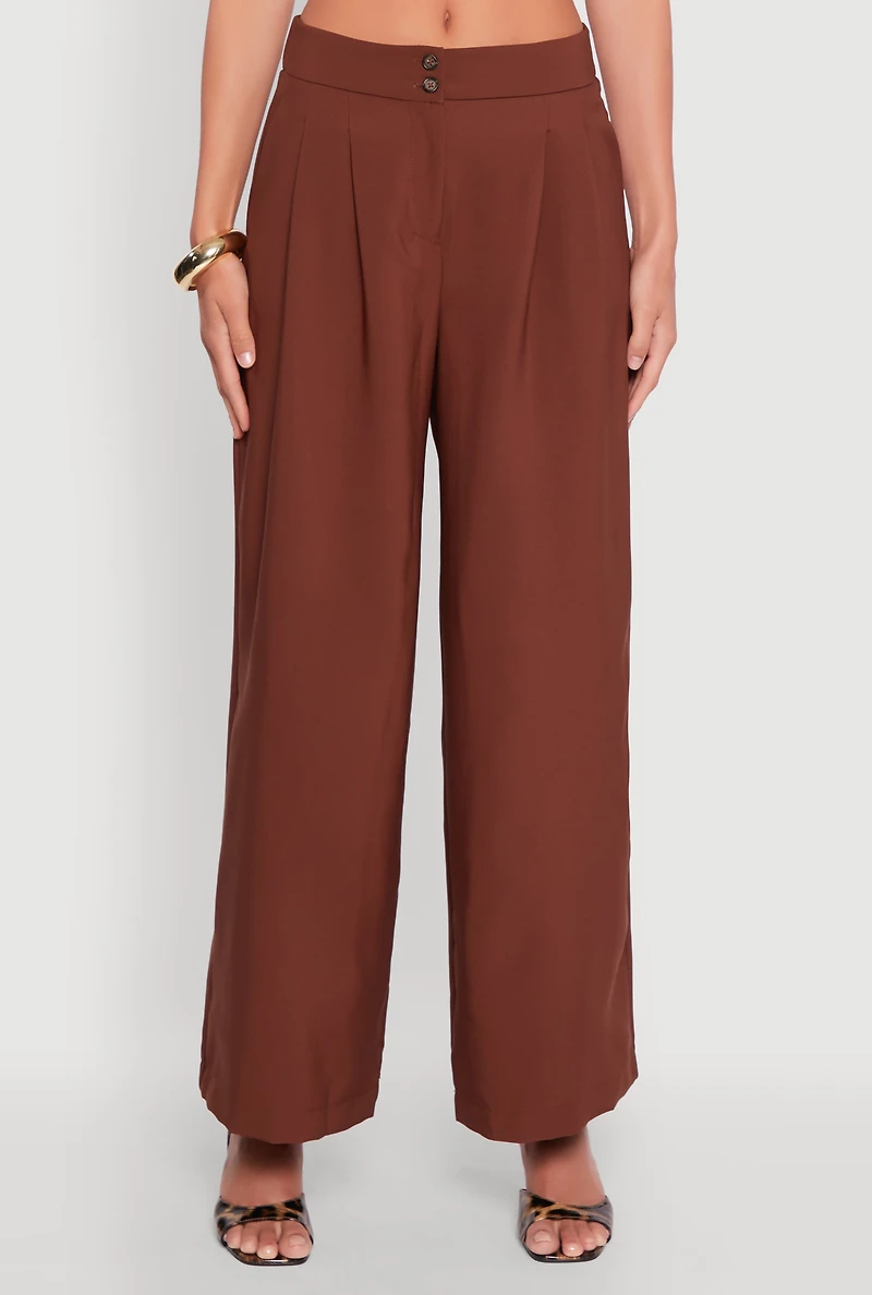 Womens Solid Crepe Knit Pleated Detail Wide Leg Trousers, Brown,