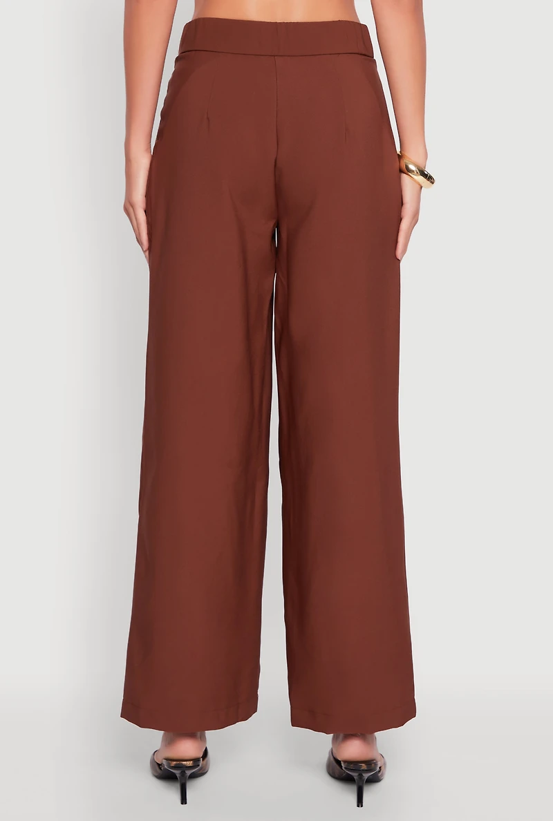 Womens Solid Crepe Knit Pleated Detail Wide Leg Trousers, Brown,