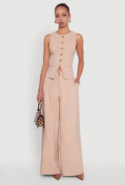 Womens Solid Crepe Knit Pleated Detail Wide Leg Trousers, Khaki,