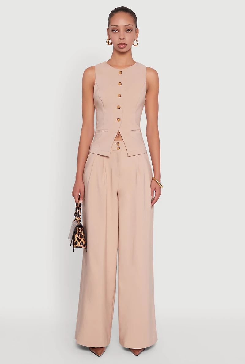 Womens Solid Crepe Knit Pleated Detail Wide Leg Trousers, Khaki, Size L