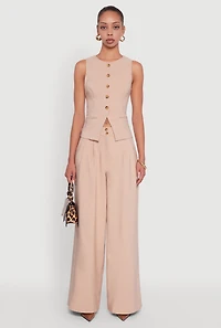 Womens Solid Crepe Knit Pleated Detail Wide Leg Trousers, Khaki, Size L
