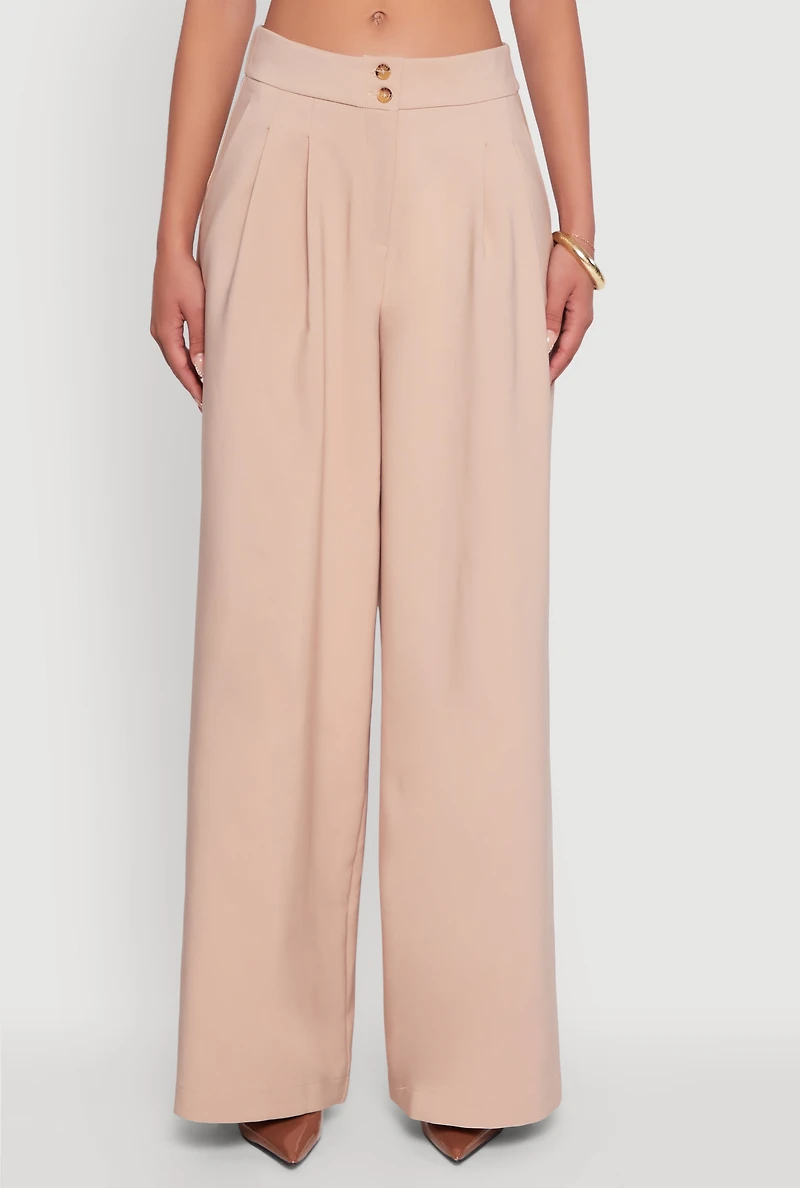Womens Solid Crepe Knit Pleated Detail Wide Leg Trousers, Khaki, Size L