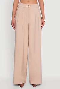 Womens Solid Crepe Knit Pleated Detail Wide Leg Trousers, Khaki, Size L