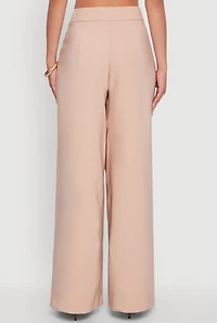 Womens Solid Crepe Knit Pleated Detail Wide Leg Trousers, Khaki, Size L