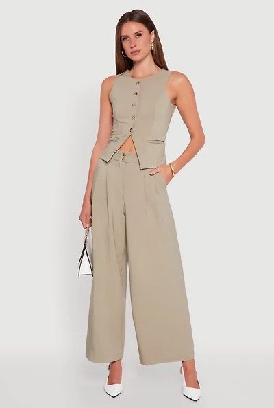 Womens Solid Crepe Knit Pleated Detail Wide Leg Trousers, Green, Size S