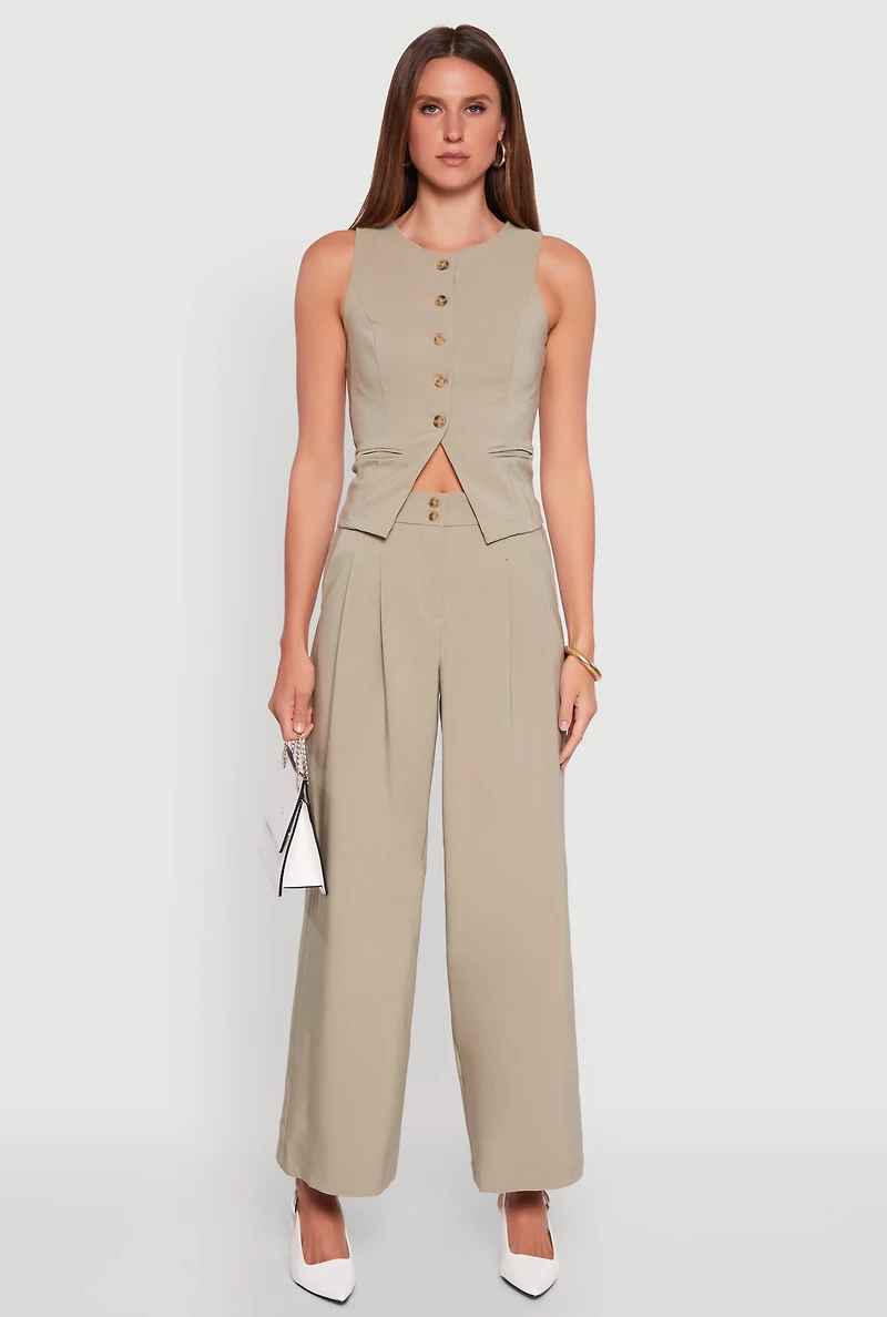 Womens Solid Crepe Knit Pleated Detail Wide Leg Trousers, Green, Size M