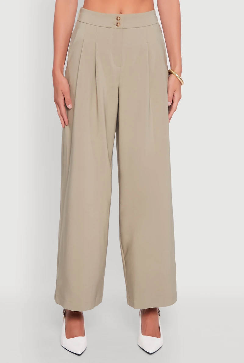 Womens Solid Crepe Knit Pleated Detail Wide Leg Trousers, Green, Size M