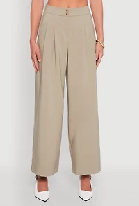 Womens Solid Crepe Knit Pleated Detail Wide Leg Trousers, Green, Size M