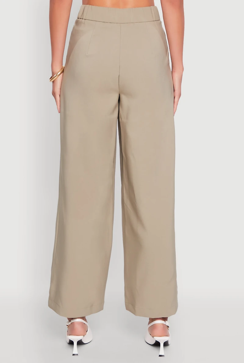 Womens Solid Crepe Knit Pleated Detail Wide Leg Trousers, Green, Size M