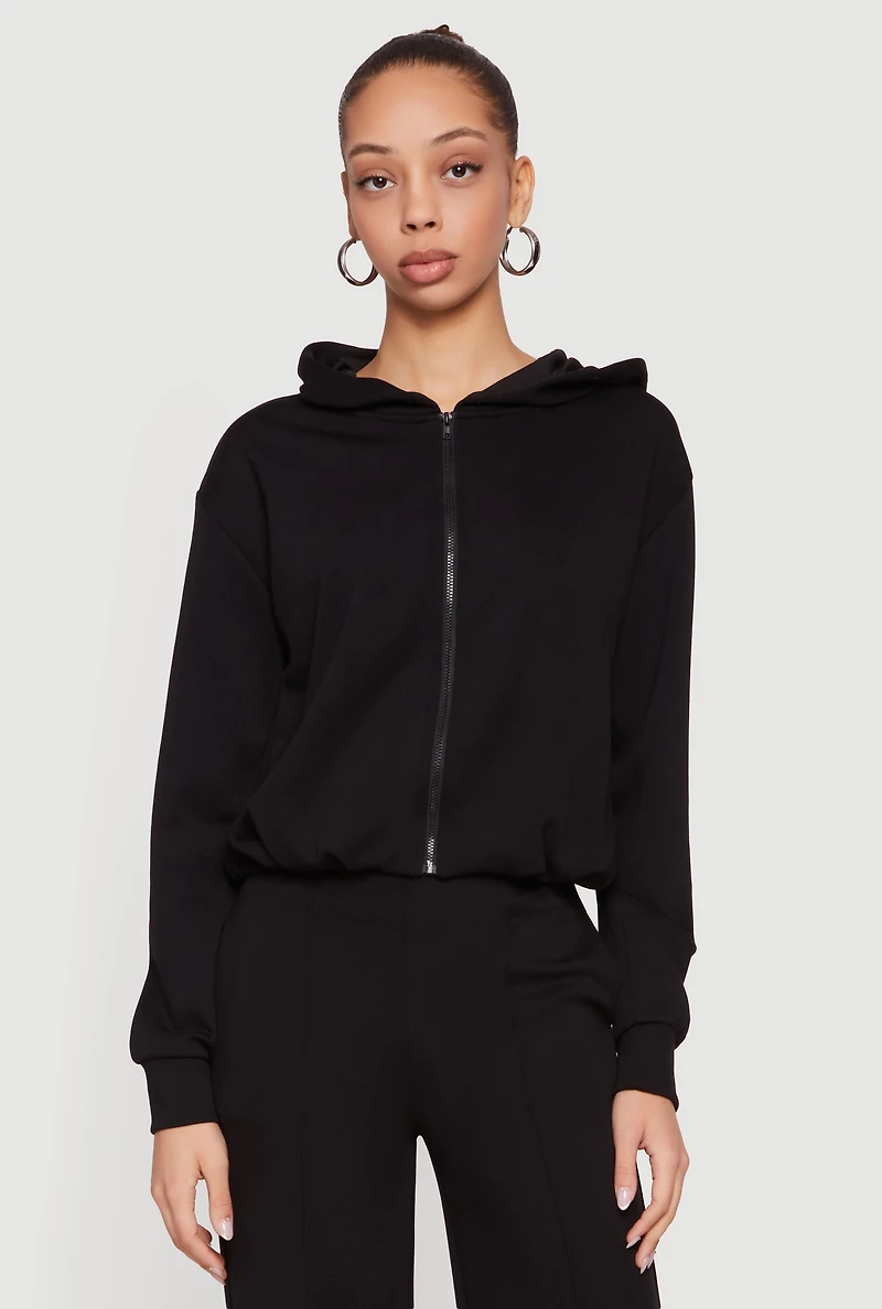 Zip Front Bubble Hem Hooded Sweatshirt