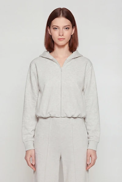 Zip Front Bubble Hem Hooded Sweatshirt