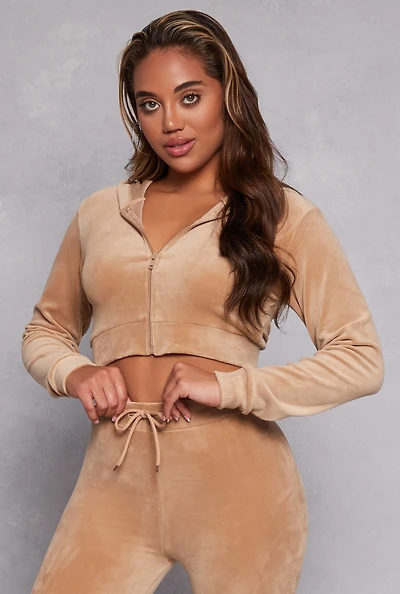 Womens Velour Front Zip Cropped Hoodie, Beige, Size L