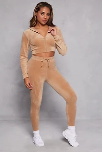 Womens Velour Front Zip Cropped Hoodie, L