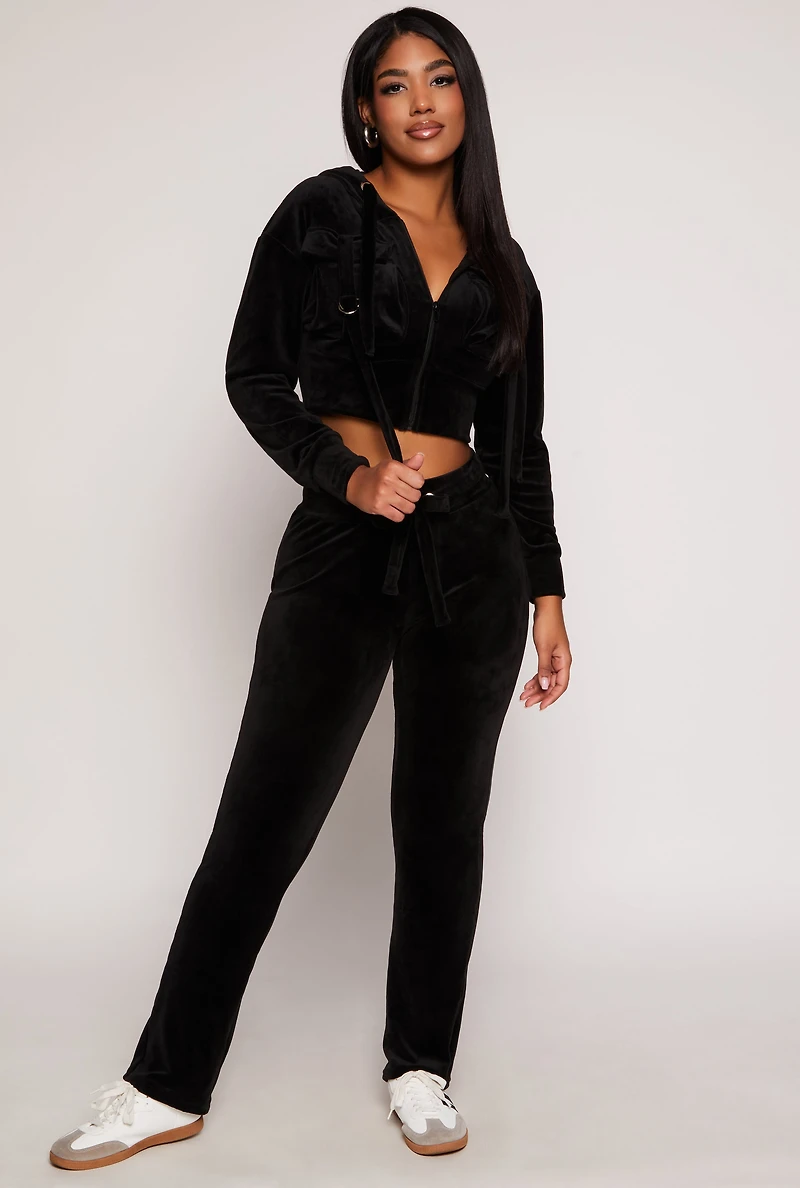 Velour Flap Pocket Cropped Zip Front Hoodie