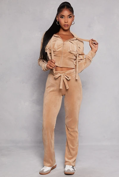 Womens Velour Drawstring Pants, Khaki, Size L
