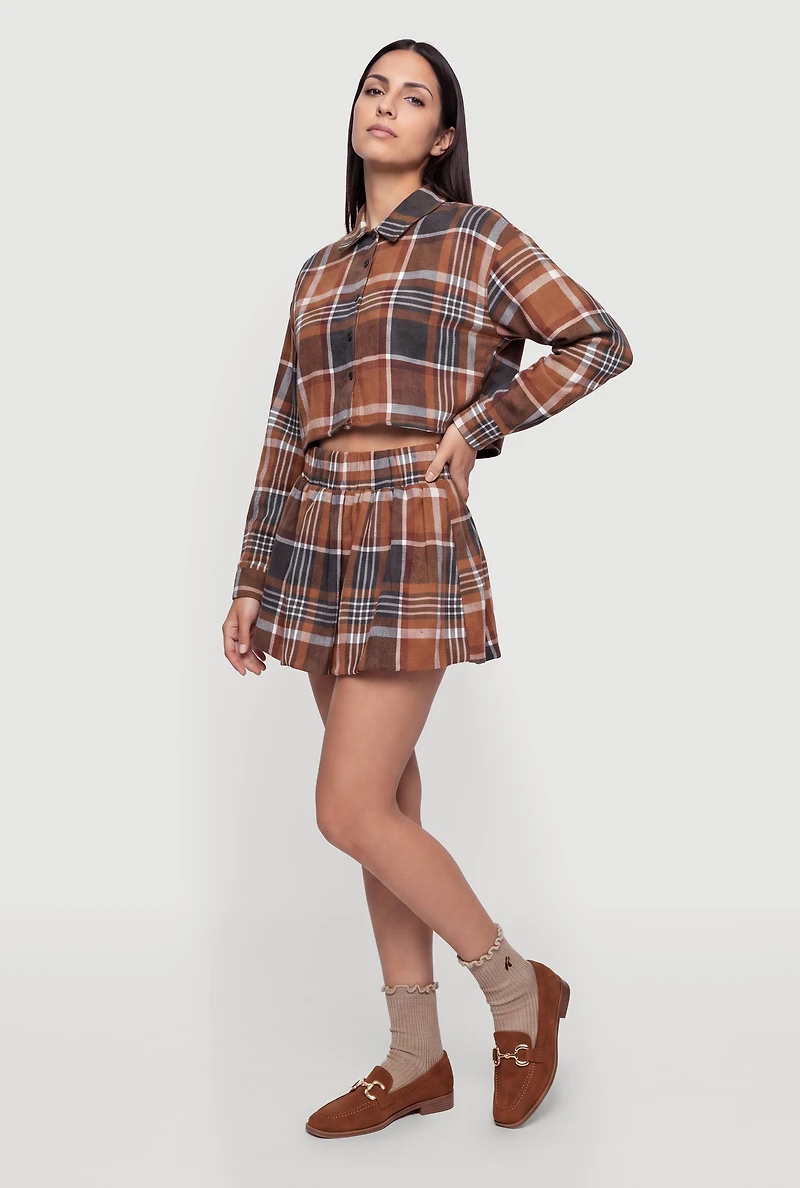 Plaid Brushed Knit Cropped Shirt