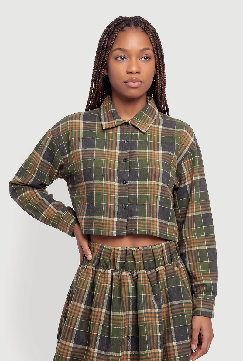 Plaid Brushed Knit Cropped Shirt
