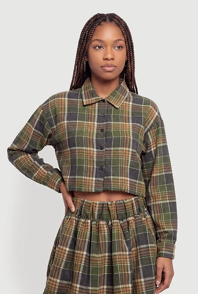Plaid Brushed Knit Cropped Shirt