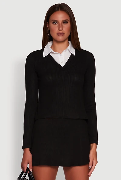 Womens Shirt Collar Layered Look Sweater, Black, Size M