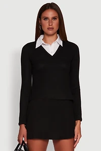 Womens Shirt Collar Layered Look Sweater, Black, Size M