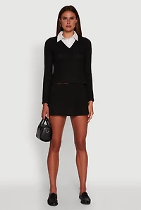 Womens Shirt Collar Layered Look Sweater, Black, Size M