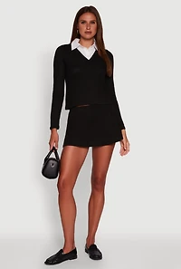 Womens Shirt Collar Layered Look Sweater, Black, Size M