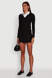 Womens Shirt Collar Layered Look Sweater, Black,