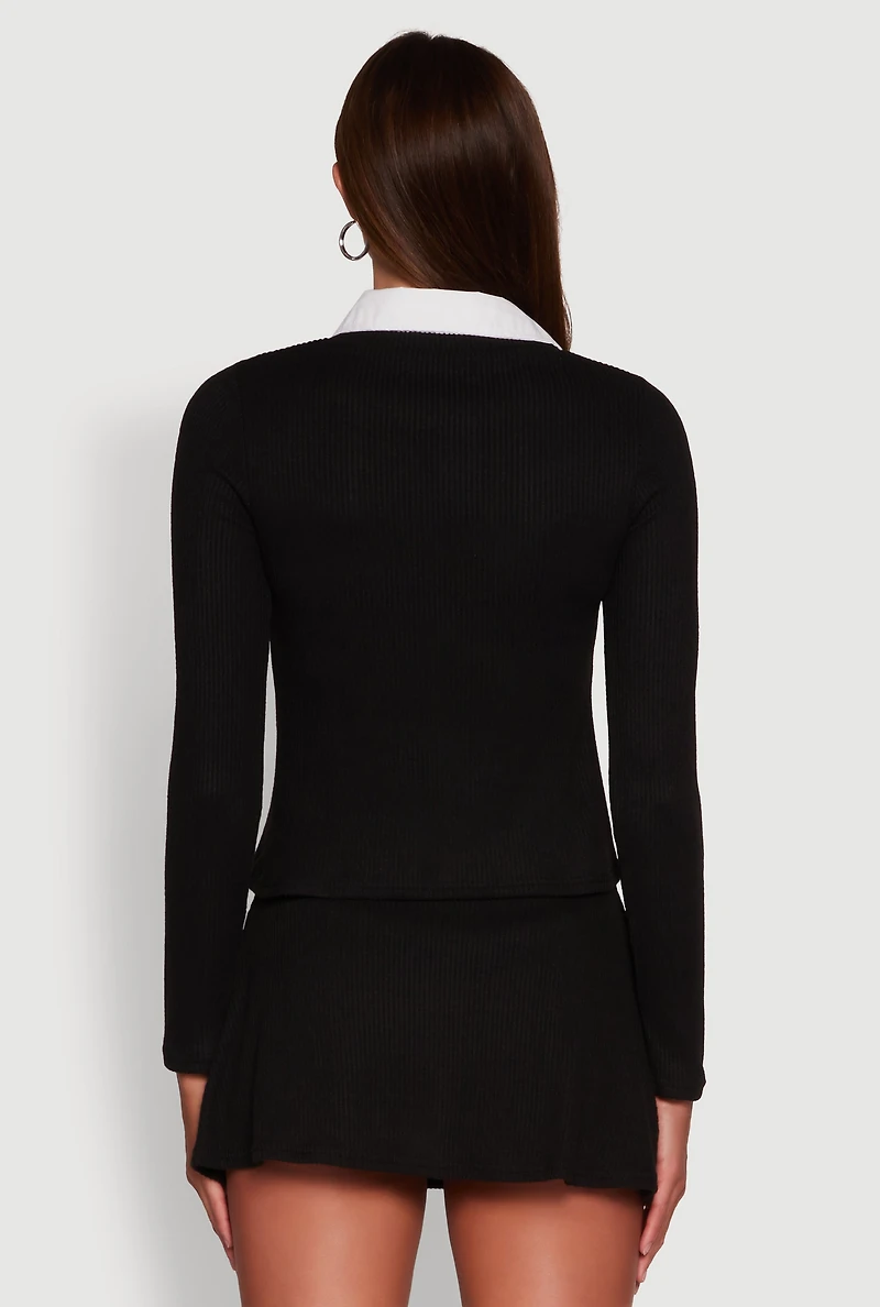 Womens Shirt Collar Layered Look Sweater, Black, Size M