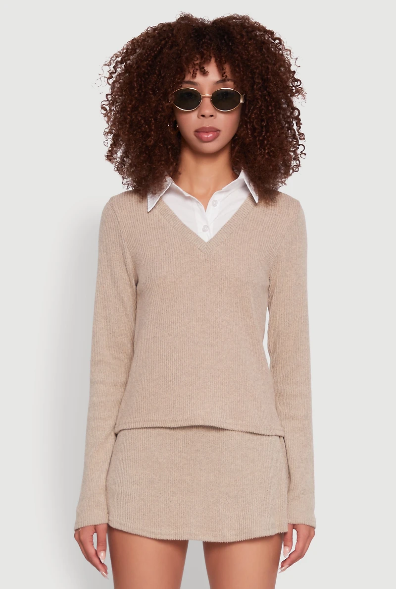 Womens Shirt Collar Layered Look Sweater, Beige, Size L