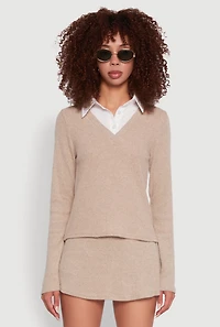 Womens Shirt Collar Layered Look Sweater, Beige, Size L