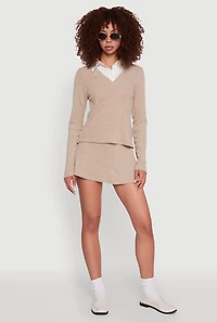 Womens Shirt Collar Layered Look Sweater, Beige, Size L