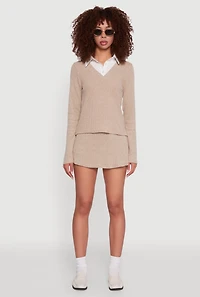 Womens Shirt Collar Layered Look Sweater, Beige, Size L