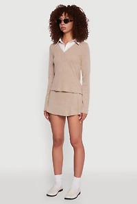 Womens Shirt Collar Layered Look Sweater, Beige, Size L