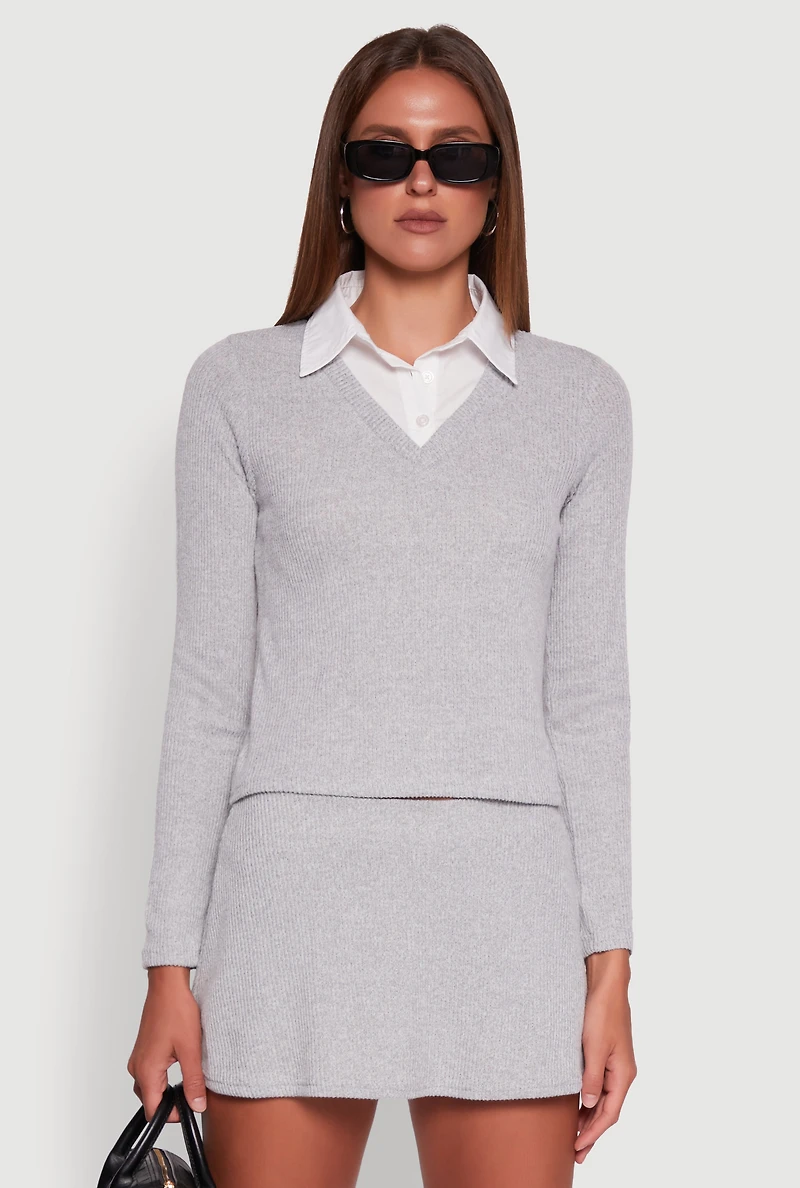 Womens Shirt Collar Layered Look Sweater, Grey, Size M