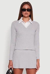 Womens Shirt Collar Layered Look Sweater, Grey, Size M