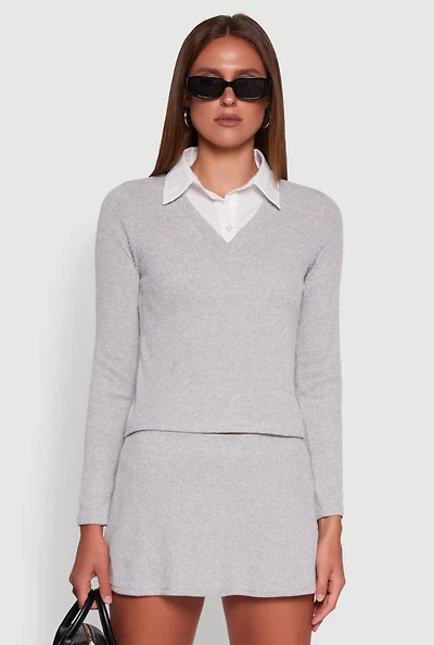 Womens Shirt Collar Layered Look Sweater, Grey, Size L