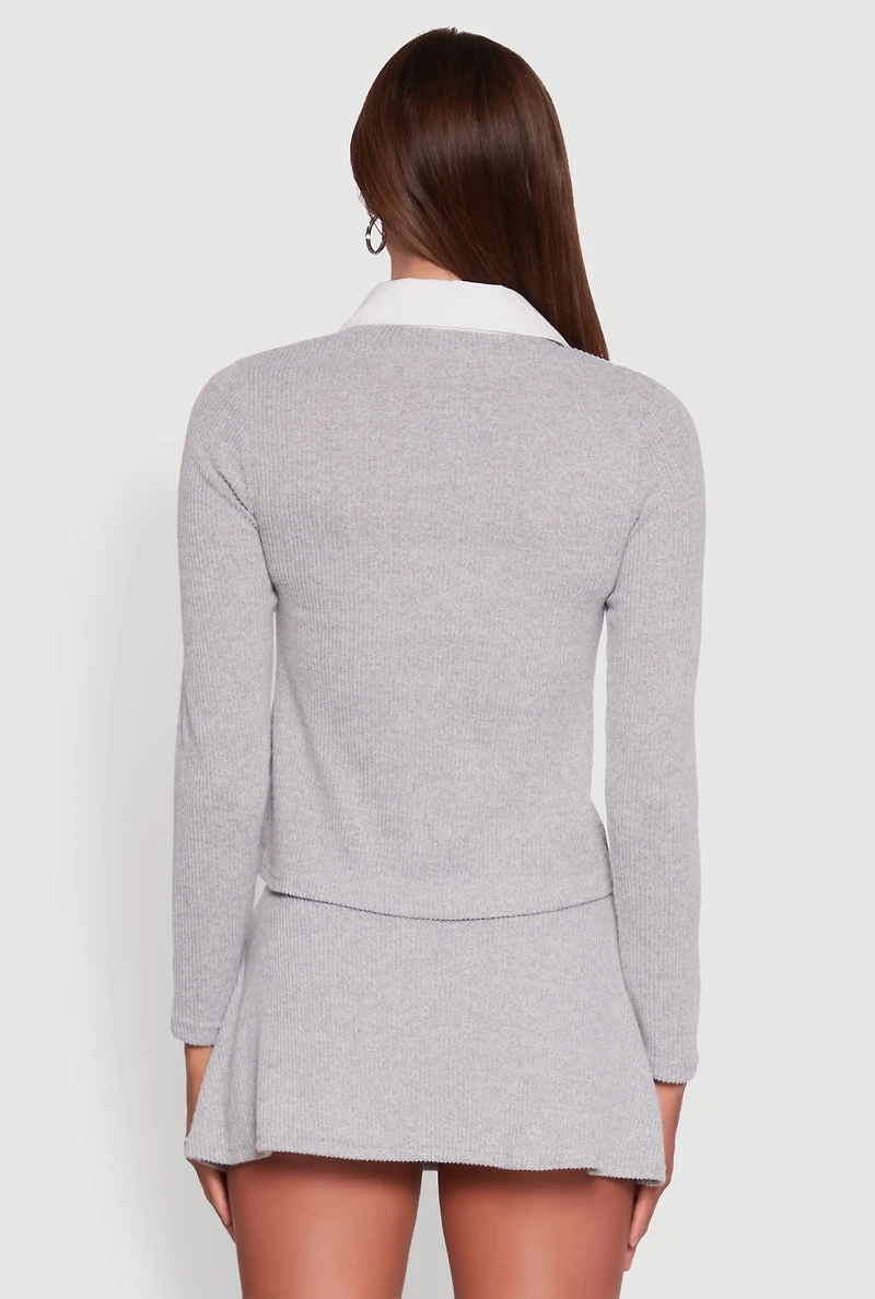 Womens Shirt Collar Layered Look Sweater, Grey, Size M