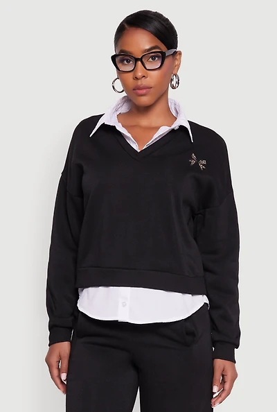 Womens Graphic Detail Layered Look Shirt Collar Sweatshirt, Black, Size XL