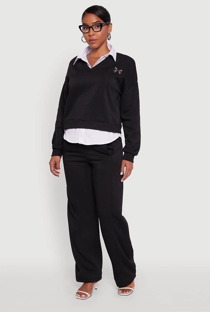 Womens Graphic Detail Layered Look Shirt Collar Sweatshirt, XL