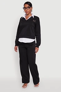 Womens Graphic Detail Layered Look Shirt Collar Sweatshirt, XL